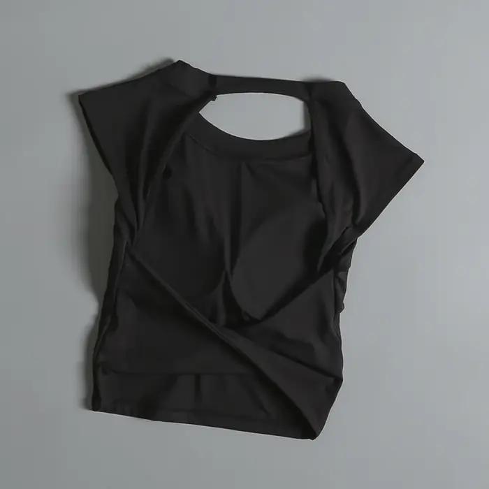 Costume de Yoga haut de sport pour femmes avec coussin de poitrine, T-shirt Sexy à manches courtes,
