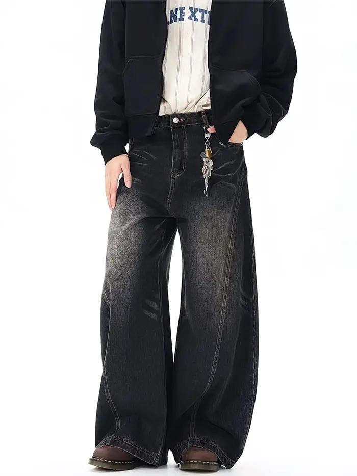Vintage noir lavé Baggy jean pantalon hommes jambe large lame incurvée pantalon Streetwear Cowboy dé