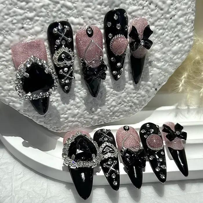 10 pièces Y2K Gyaru Kei noir rose longue pointe à la main presse sur les ongles Jirai arc amour diam