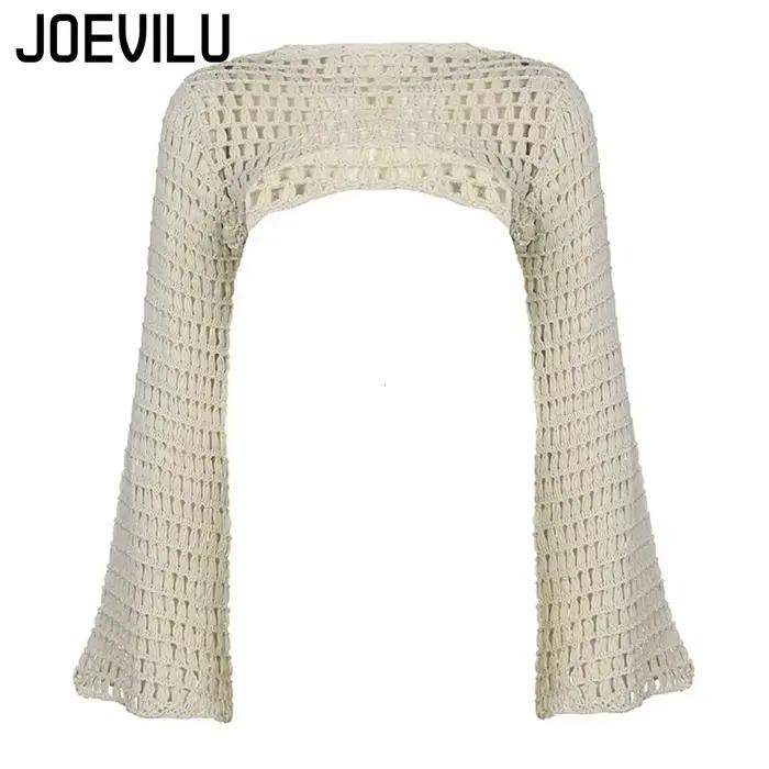 Haut court ajouré en tricot au Crochet pour femmes, chemisier Sexy Y2k, chemises à manches longues é