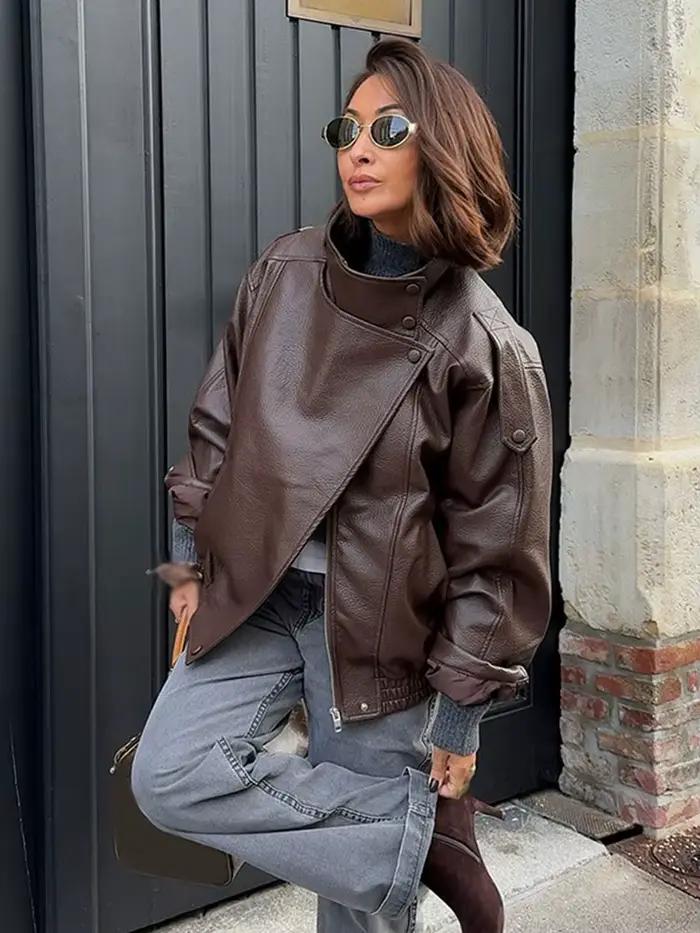 HH femmes automne élégant Style de rue manteaux femme asymétrique bouton poche manches longues noir