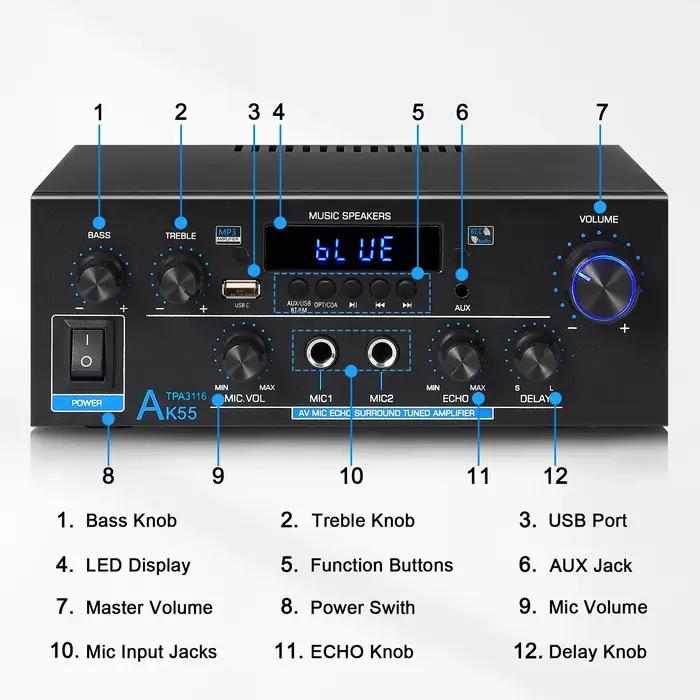 Woopker amplificateur Audio professionnel AK55 HiFi Bluetooth 5.1 puissance maximale 900W prend en c