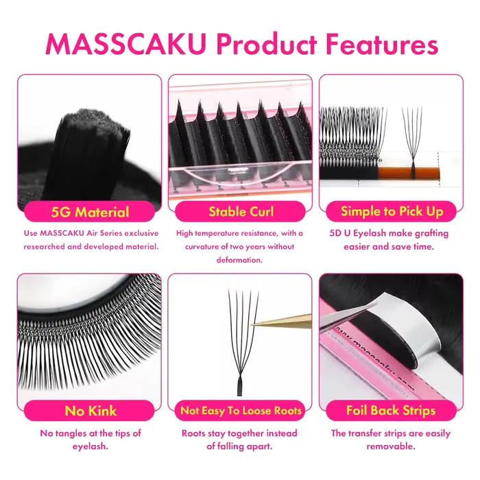 MASSCAKU – Extensions de cils 3D 4D 5D en forme de U, boucles C D en forme de U, ventilateurs préfab