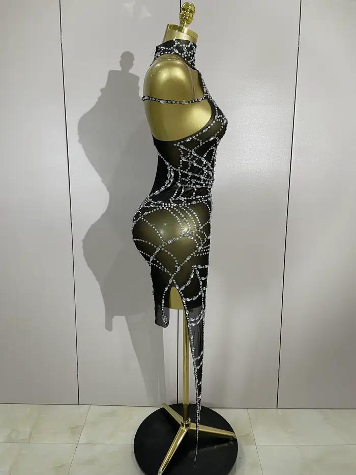 STOCK brillant diamant Sexy maille asymétrique moulante Mini robe femmes discothèque Bar fête specta