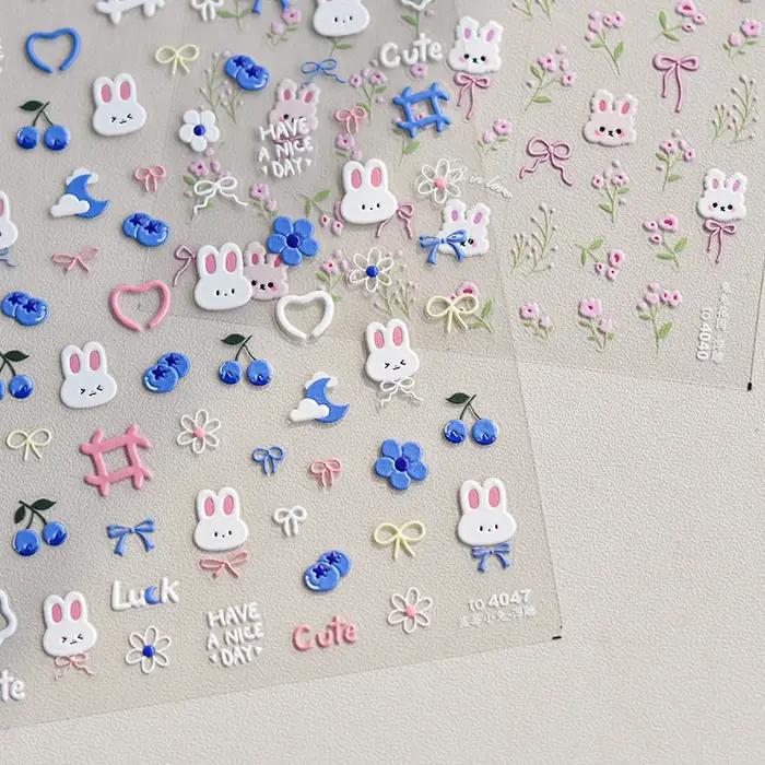 Autocollants pour ongles lapin 5D Kawaii, 1 pièce, dessin animé japonais, fleur rose bleue, adhésif,