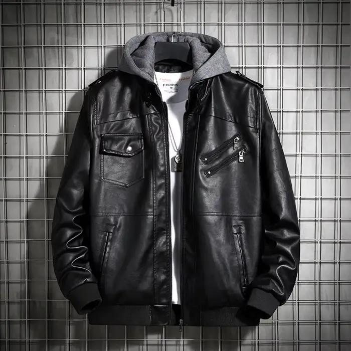 Veste en cuir à capuche pour hommes, manteau d'hiver en cuir PU, vestes pour adolescents, manteau de