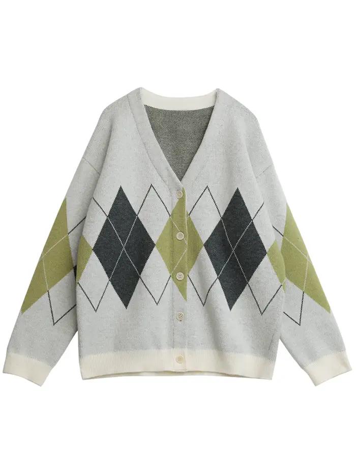 CHIC VEN femmes chandails ample décontracté rétro diamant grille Jacquard tricoté dames Cardigan col