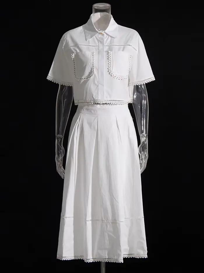 TWOTWurea YLE-Ensemble Deux Pièces pour Femme, Couleur Unie, Revers, Manches Courtes, Taille Haute,