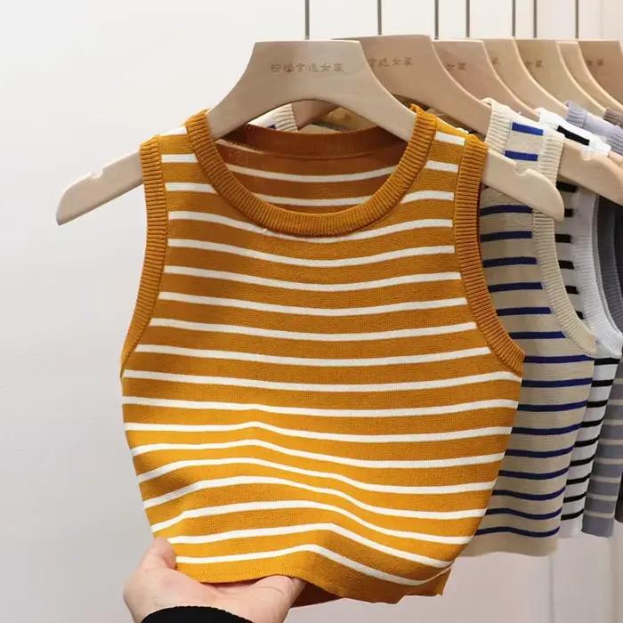 T-shirt court et slim à rayures pour femmes, gilets courts et décontractés, chemises d'été et de pri