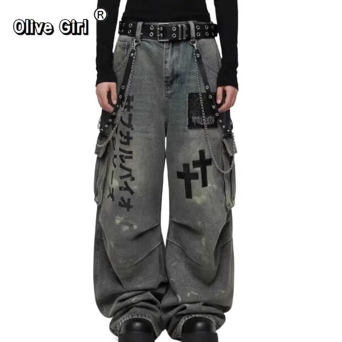 Grande taille crâne croix femmes jean pantalon Denim pantalon américain rétro ambiance jambes larges