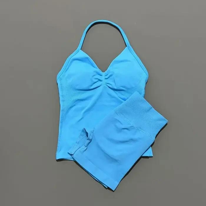 Yoga 2 pièces ensemble de gymnastique femmes dos nu haut à licou taille haute sans couture Shorts co