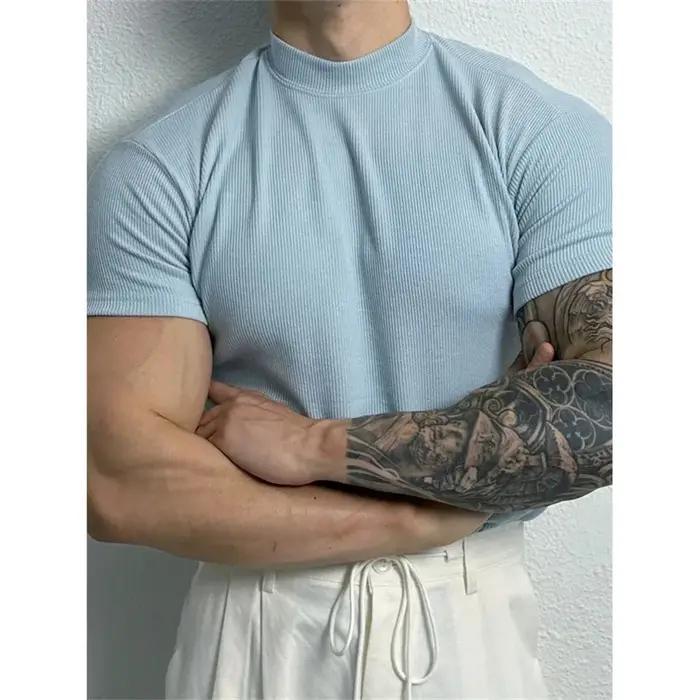 Printemps été élastique hommes T-shirt petit col haut rayure chemise à manches courtes haut de fitne