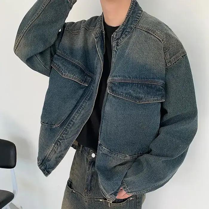 Vestes en jean à col montant tendance pour hommes, style américain ample, décontractées, vintage, dé