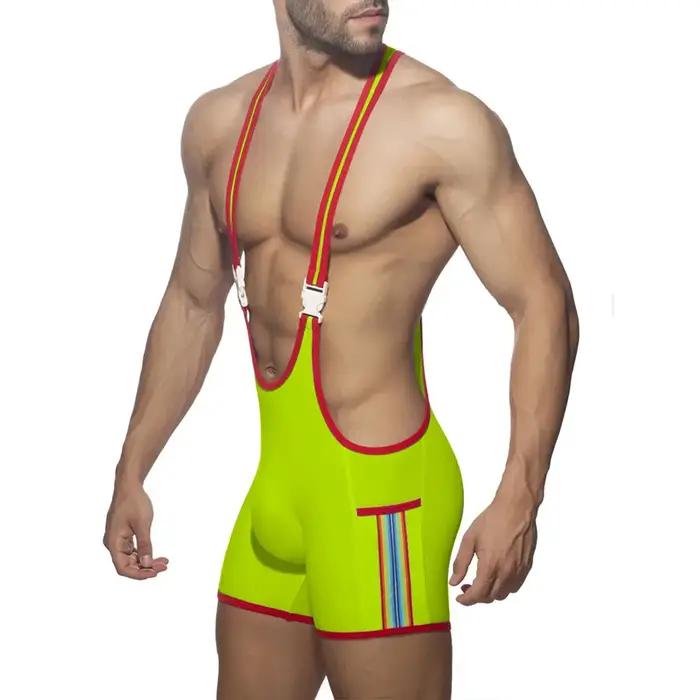 Sous-vêtements de body sexy à rayures arc-en-ciel pour hommes, slips de boxeur de lutte, combinaison