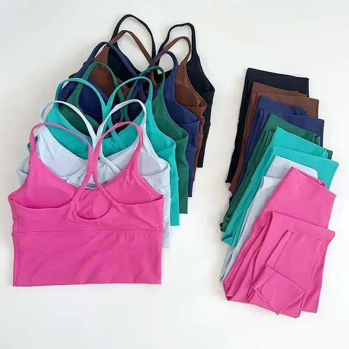 Leggings taille haute yoga femme 2 pièces - Ensemble fitness sexy dos croisé élasticité Y sport