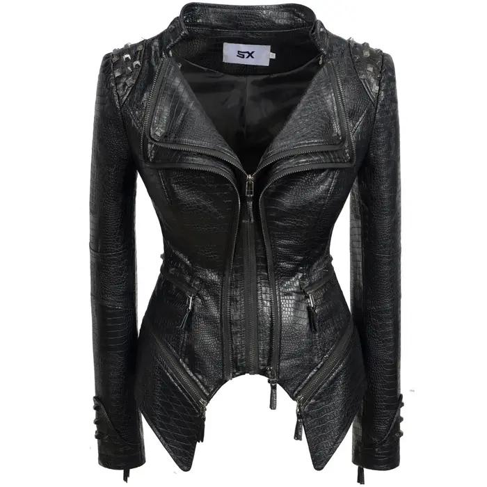 Mode SX femmes Crocodile Rivet PU veste forme parfaite moto vélo veste