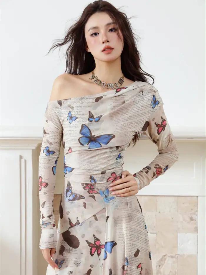 Contest ERART-Robe mi-longue en maille avec lettre papillon pour femme, imprimé Off The Initiated, m