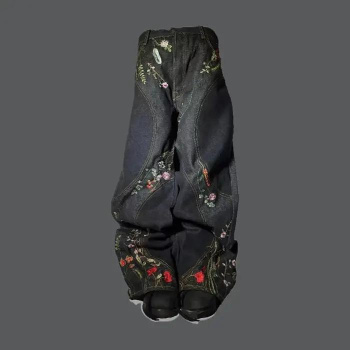 Nouveau jean baggy Y2K Harajuku Streetwear rétro à fleurs, broderie florale tendance, coutures épuré