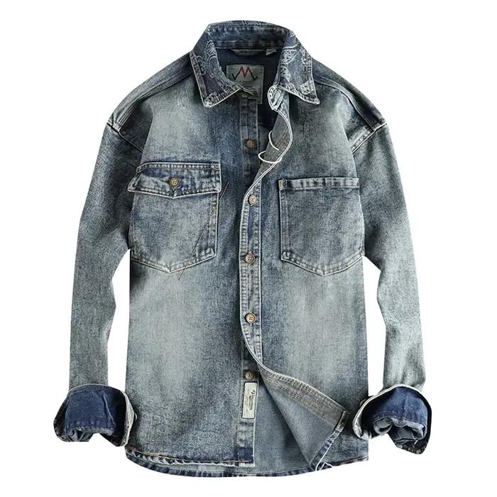 Manteau en denim rétro américain à manches longues pour hommes, revers, pur coton, lavé, vieux, mult