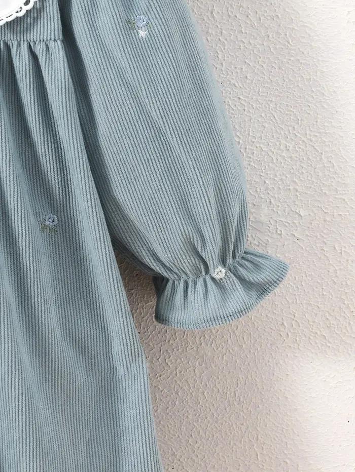 Robe en velours côtelé brodée de fleurs pour jeunes enfants, col brodé bicolore, robe à manches long