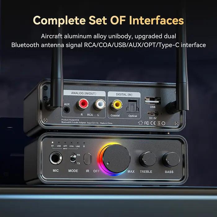 Adaptateur audio RVB Bluetooth 5.3 DAC/USB/RCA/AUX/Optique/Coaxial/6,5 mm Microphone Karaoké Hifi DS