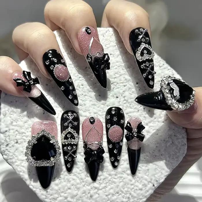 10 pièces Y2K Gyaru Kei noir rose longue pointe à la main presse sur les ongles Jirai arc amour diam