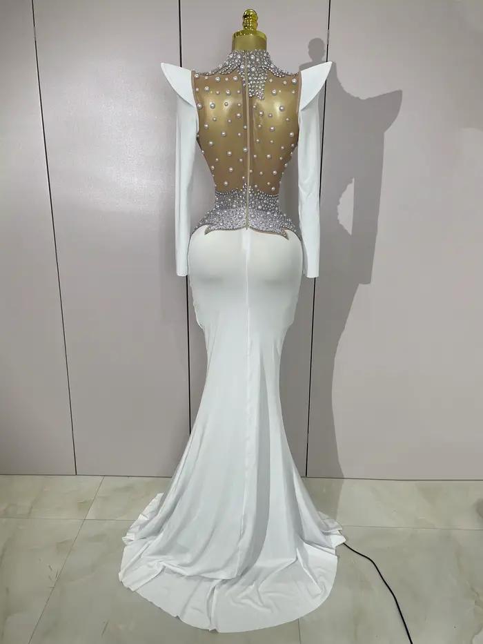 Robe longue de luxe en maille transparente pour femmes, diamants scintillants, blanc perle, robe de