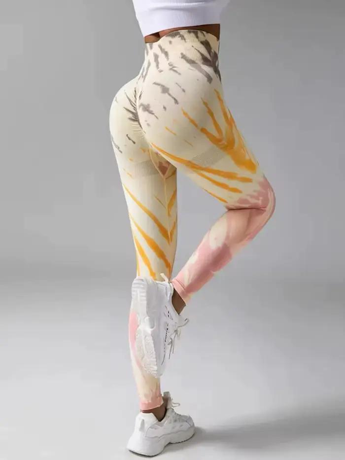 Pantalon de Fitness sans couture, teinture par nouage, pêche, hanche, Leggings, taille haute, collan