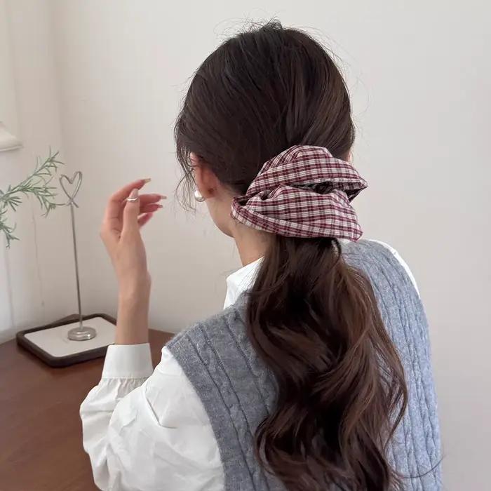 Coréen plaid rétro grand bandeau de cheveux attaché queue de cheval corde chouchous accessoires pour
