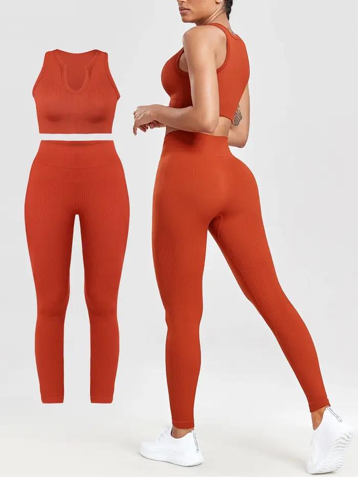 Tenue d'entraînement 2 pièces côtelée sans coutures femme leggings taille haute débardeur court yoga gym fitness sport activité occasionnelle