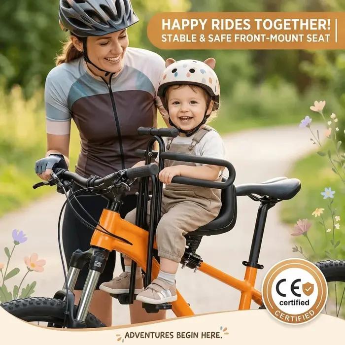 Siège enfant avant pour vélo VTT rembourré avec accoudoirs pédales facile d'installation sécurité pour enfant occasions spéciales sorties en famille