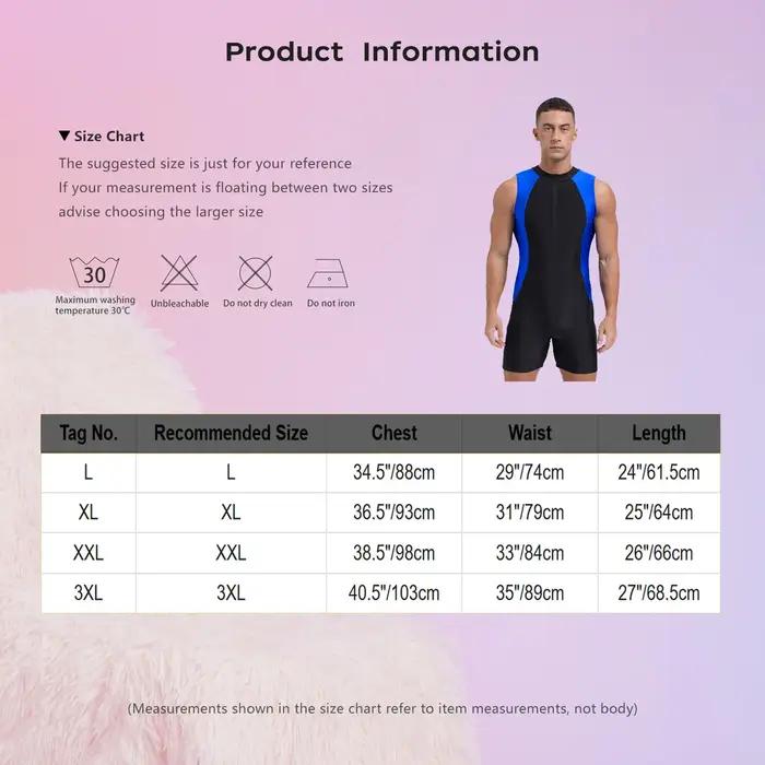 Maillot de bain une pièce pour hommes, bloc de couleurs, col rond, sans manches, fermeture éclair su