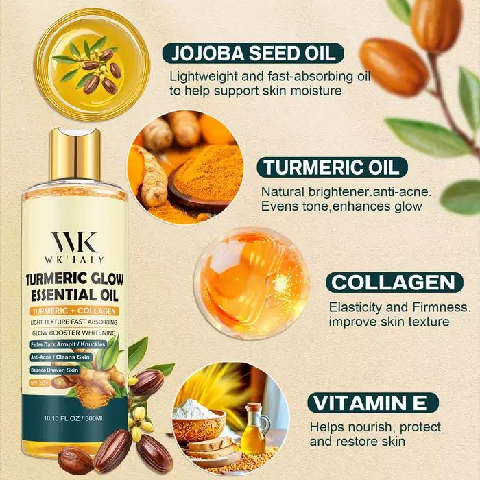 WK JALY Huile essentielle pour le corps au lueur de curcuma, hydratante, blanchissante, estompe les