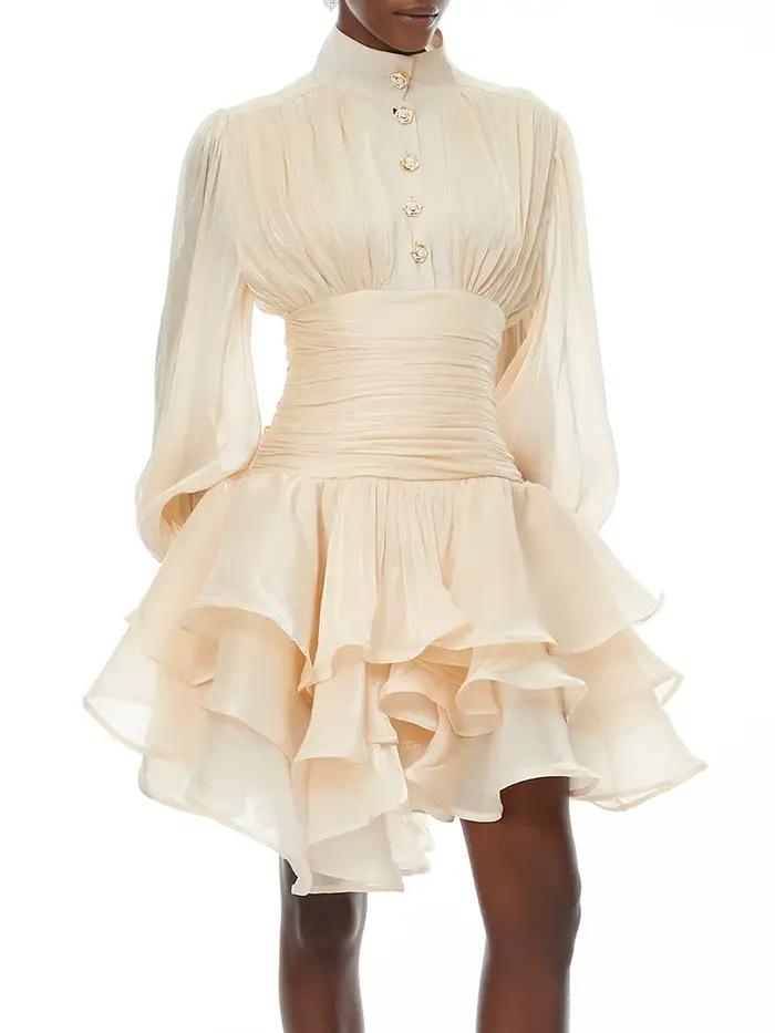 TWOTWINSTYLE élégant minceur épissé volants plis Mini robes pour les femmes col montant manches long