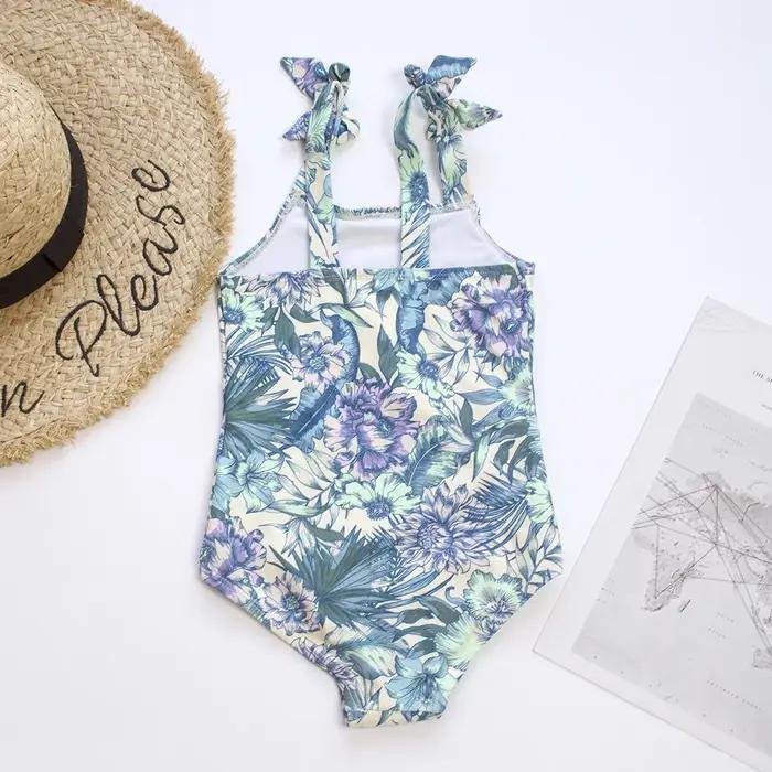 Été fleur imprimé filles enfants une pièce maillots de bain maillot de bain nœud déco enfants plage