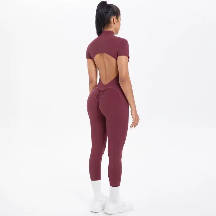Combinaison de Fitness à manches courtes pour femmes, body dos nu, couleur unie, froissé, une pièce,