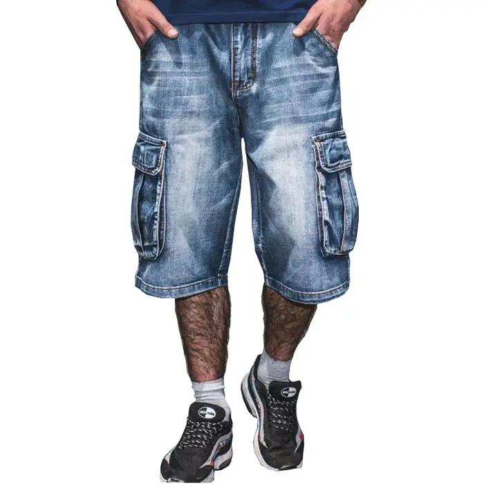 Short en jean bleu multi-poches pour homme, streetwear, grande taille, droit, été, nouveau
