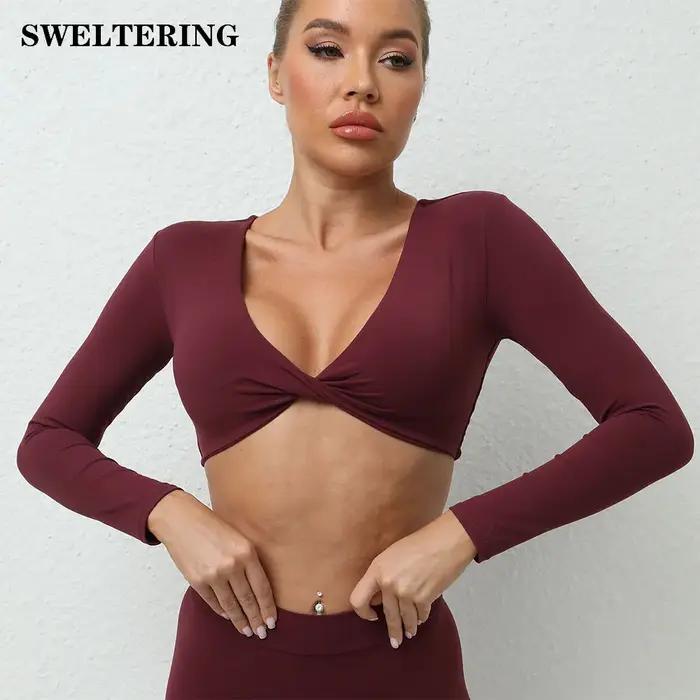 Haut court sexy plissé à manches longues pour femme, vêtement de yoga, séchage rapide, t-shirt de sp