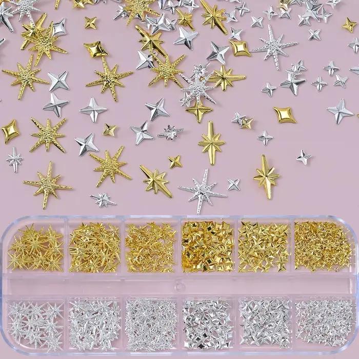 Breloques étoiles métalliques 3D pour Nail Art, 12 grilles, or/argent, Starlight, croix, Rivets, déc