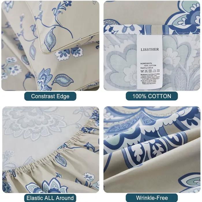Ensemble de draps en coton égyptien 100% 600TC, 4 pièces, motif Paisley damassé bleu Boho, doux pour