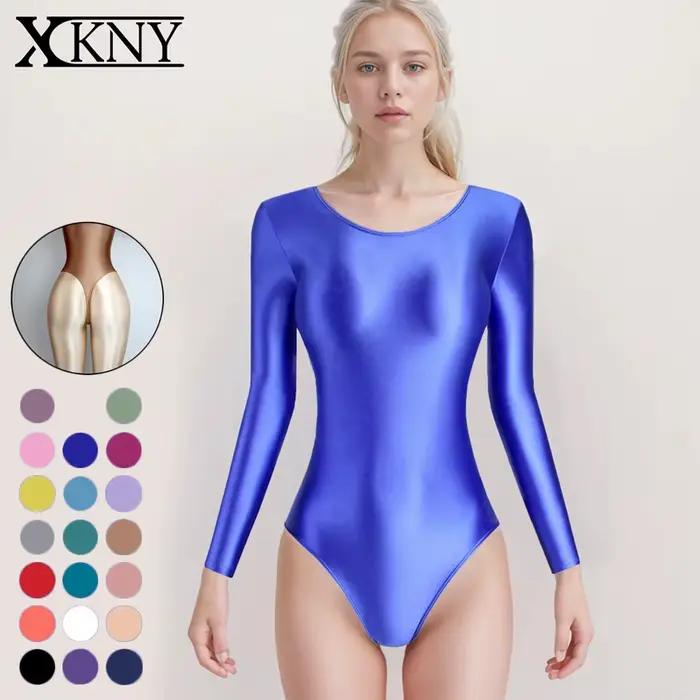Combinaison sport satin brillant XClocKNYoung - Haut manches longues fente haute pour yoga et gymnastique