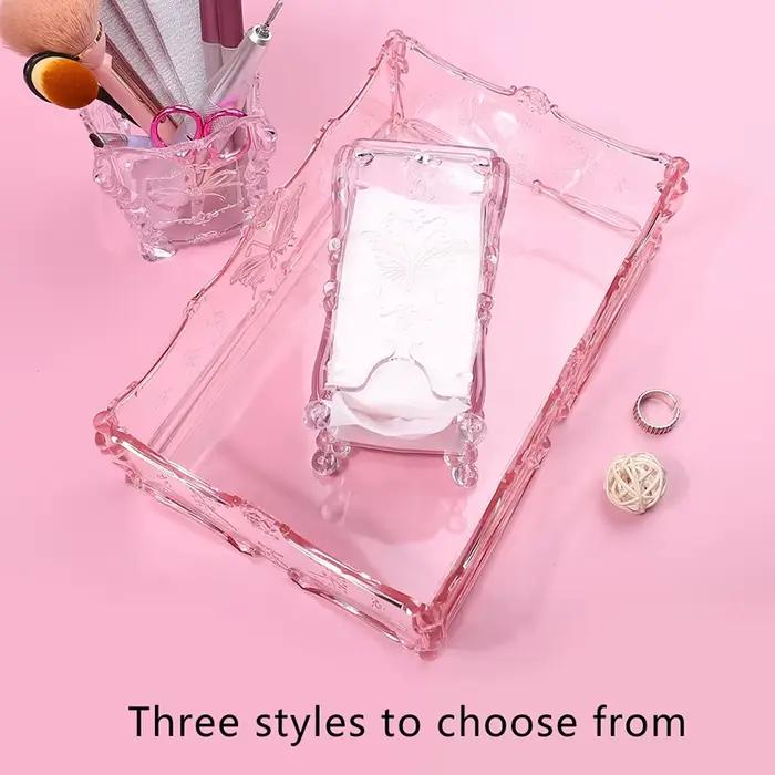 Boîte de rangement pour tampons de coton, motif papillon rose transparent, conteneur de serviettes,