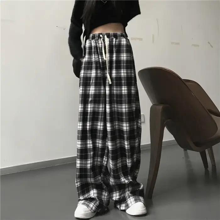 Pantalon de Survêtement Surdimensionné à Carreaux Noirs pour Femme, Baggy Décontracté, Taille artifi