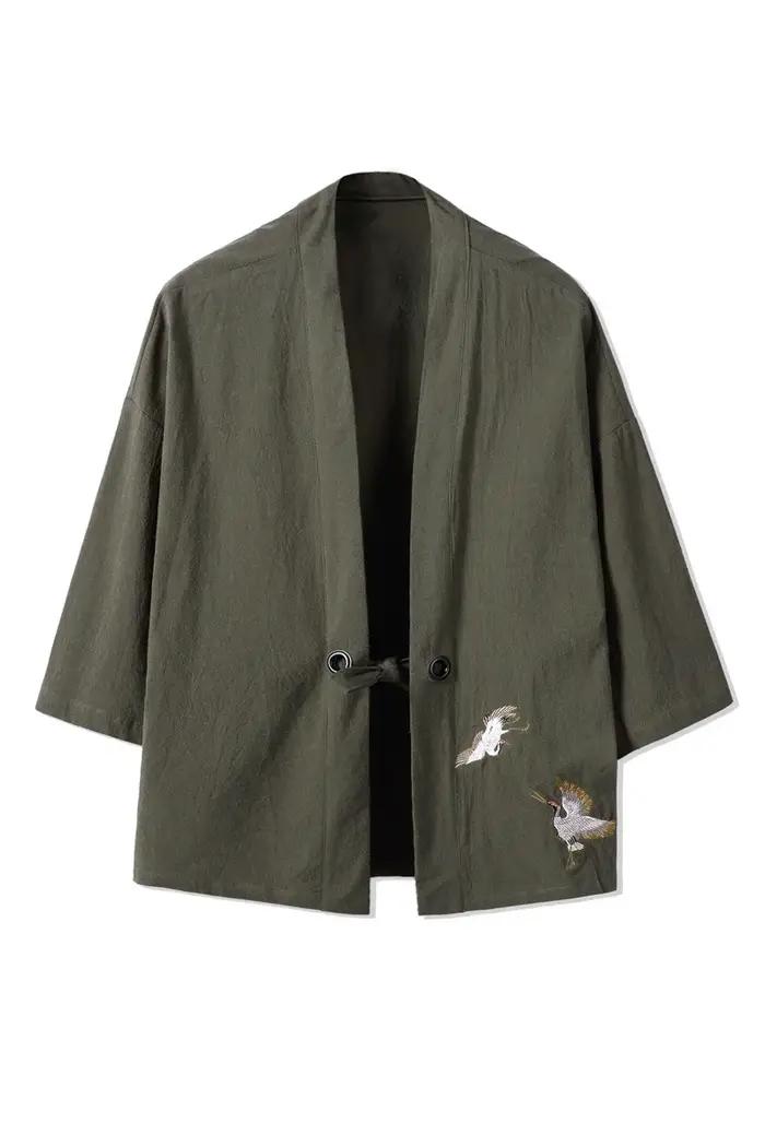 Hommes Kimono grue broderie Harajuku Style japonais Cardigan décontracté coton hommes samouraï Costu