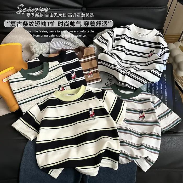 T-shirt d'été à manches courtes en coton pour enfants, à rayures, pour garçons et filles, hauts à la
