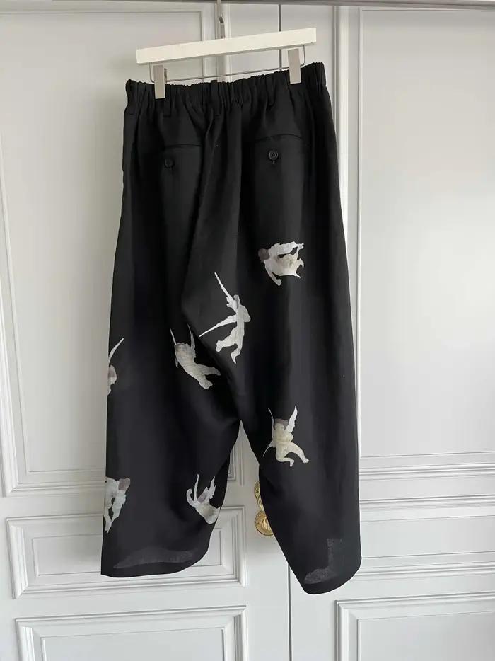 TOP-YAMAMOTO pantalon long imprimé ange design original pour hommes, pantalon décontracté en lin con