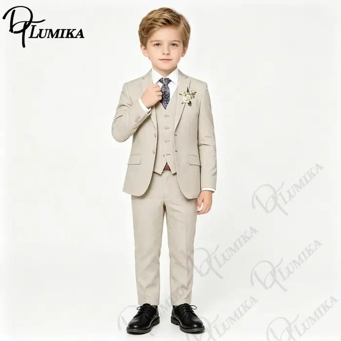 Ensemble 4 pièces élégant en lin pour garçons avec nœud papillon floral 2026 – Blazer, gilet et pant