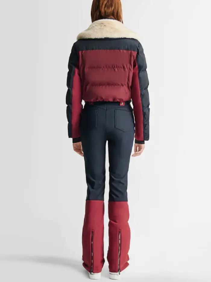 Combinaison de ski chic à blocs de couleur avec fermeture éclair et ceinture, manches longues, panta