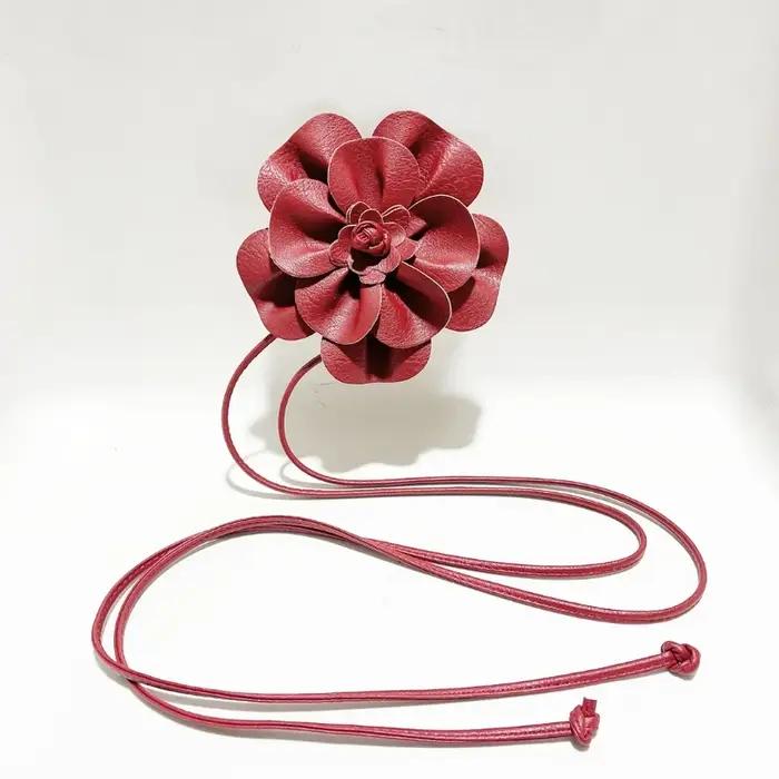 Ceinture de taille bohème en cuir PU – Grande ceinture enveloppante à cravate florale avec nœud pour