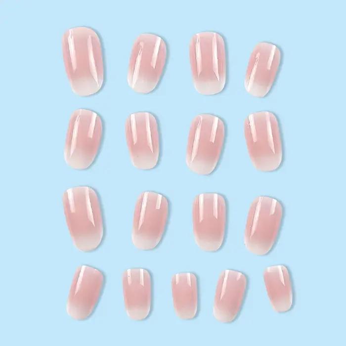Faux ongles courts ovales dégradés rose pour femmes et filles, finition brillante, couverture complè